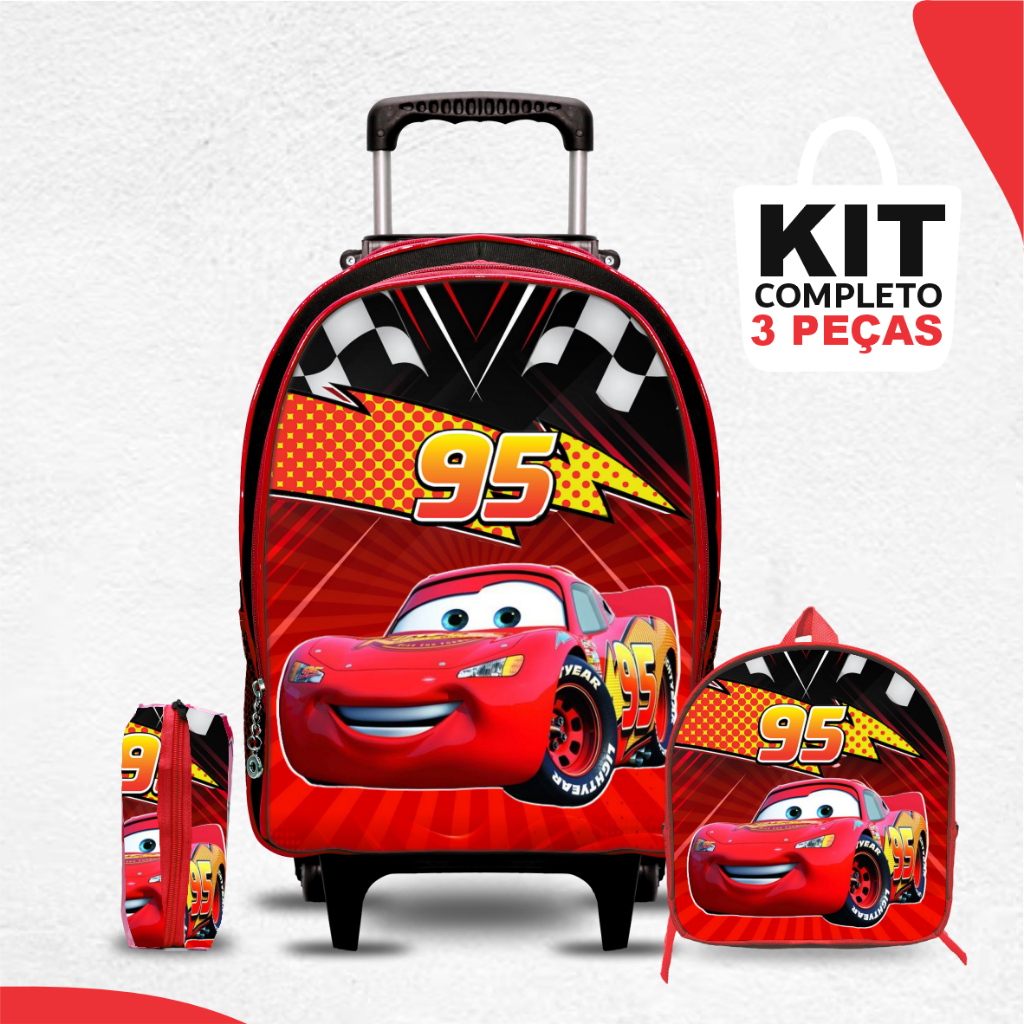 Mochila escolar Carros com Lancheira e Estojo – Rodinha – Menino – Masculino