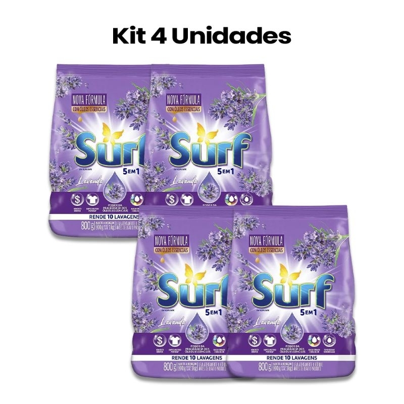 Sabão em Pó Surf Lavanda 800g Lava Roupas Kit com 4 uni 800g cada