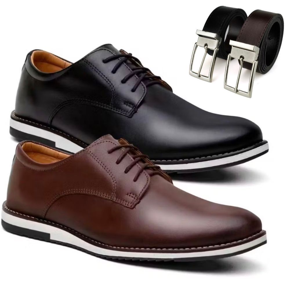 Kit 2 Pares de Sapato Social Masculino Oxford Derby Elegante de Couro Premium Confort Estiloso + Cin