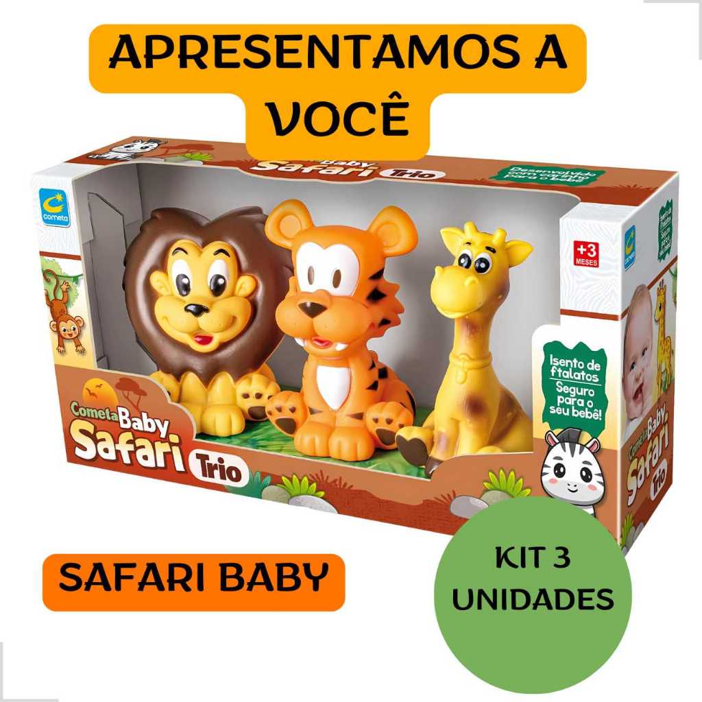 Brinquedo Mordedor Bebê Safari Kit 3 Unidades Vinil Macio