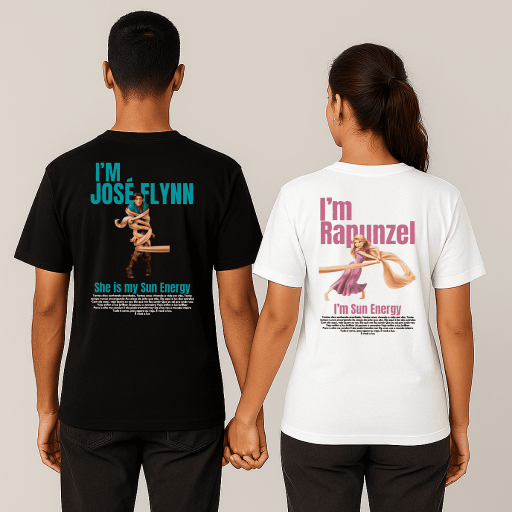 Kit Conjunto Camisetas para Casal Modelo: Flynn e Rapunzel Sun Energy – Promoção Especial / Novidade