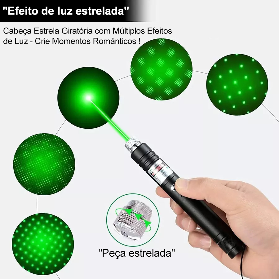 Laser Pointer Profissional 532nm Verde/Vermelho, Recarregável USB, Alta Visibilidade até 5000m