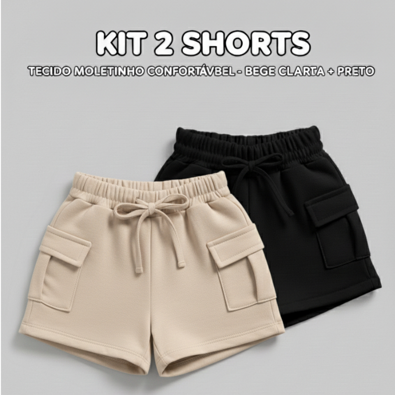 Kit 2 Shorts Infantis Cargo em Moletinho Menina com Bolsos Laterais – Moda Blogueirinha