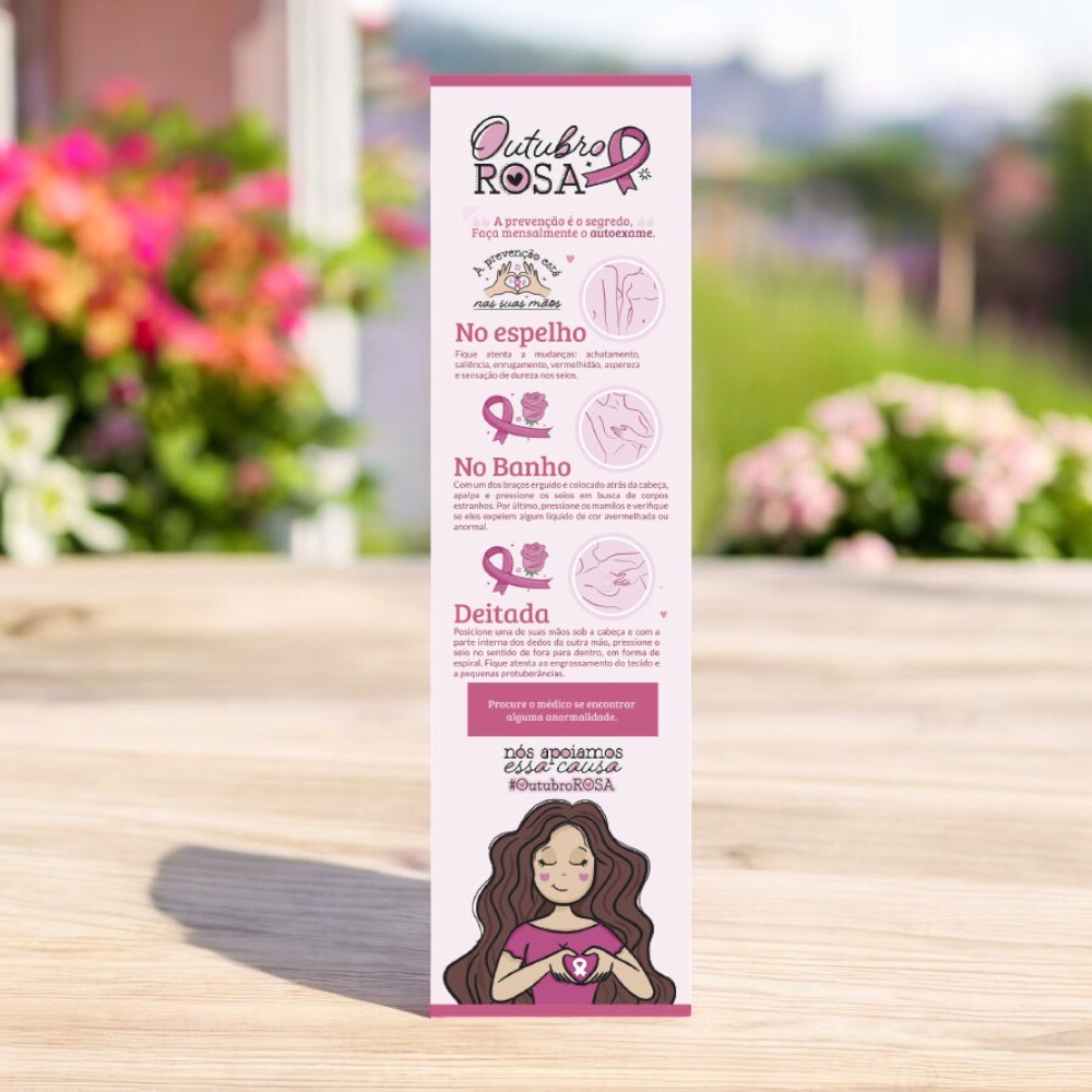 Kit com 100 Marcadores Outubro Rosa Personalizados Conscientização e Passo a Passo do Autoexame