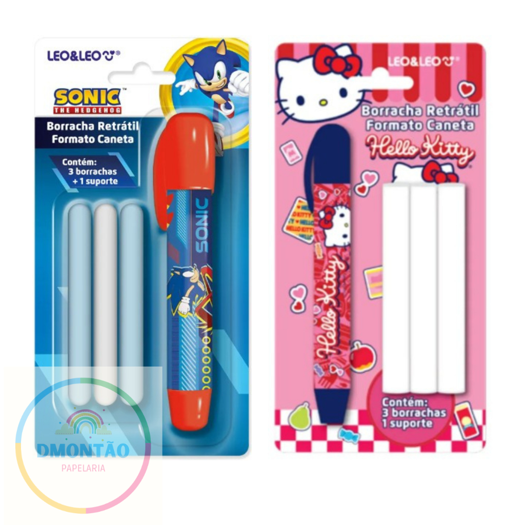 BORRACHA CANETA RETRÁTIL HELLO KITTY – BLISTER C/ 1 SUPORTE E 3 BORRACHAS LEOELEO