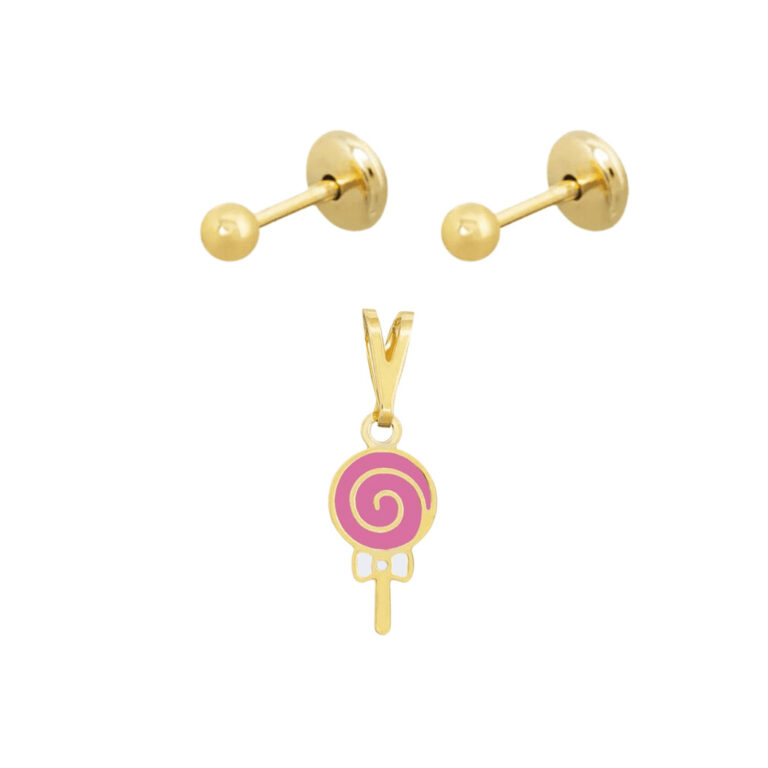 Conjunto Infantil Brinco Bola e Pingente Pirulito 