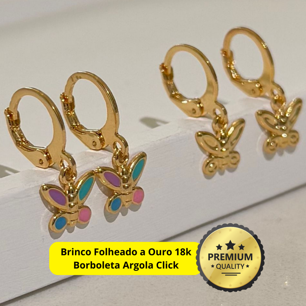 Brinco Infantil Argola Click Argolinha de Criança Antialérgico Borboleta Folheado Banhado Ouro 18k