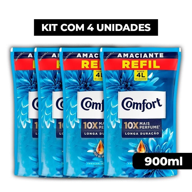 Amaciante de Roupas Comfort Fiber Protect Concentrado 900ml Sachê kit com 4 unidade