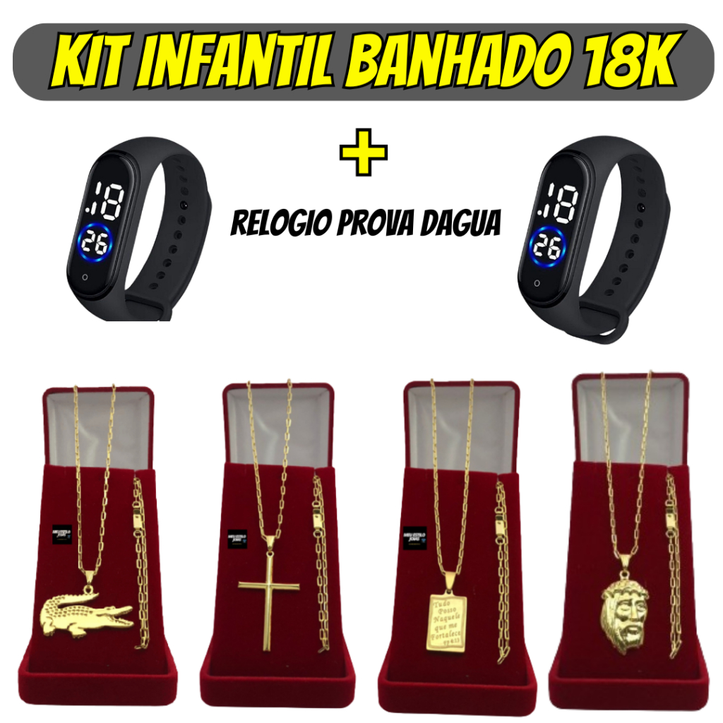kit Corrente Menino Infantil 2mm Correntinha Banhado a Ouro + Pulseira e Pingente + Relógio Digital