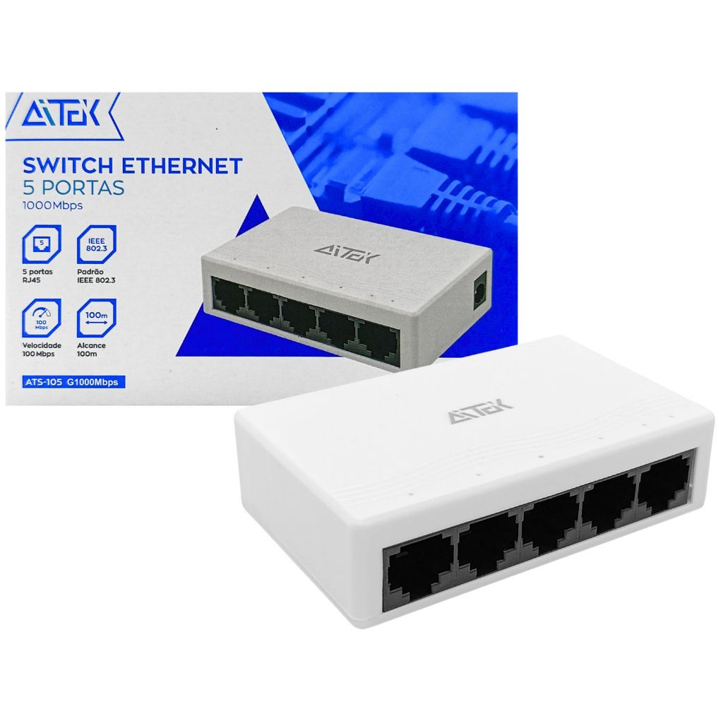 Switch Ethernet 5 Portas RJ45 de 1000Mbps 5V para Alta Velocidade Transmissão 100m – Aitek ATS-105G