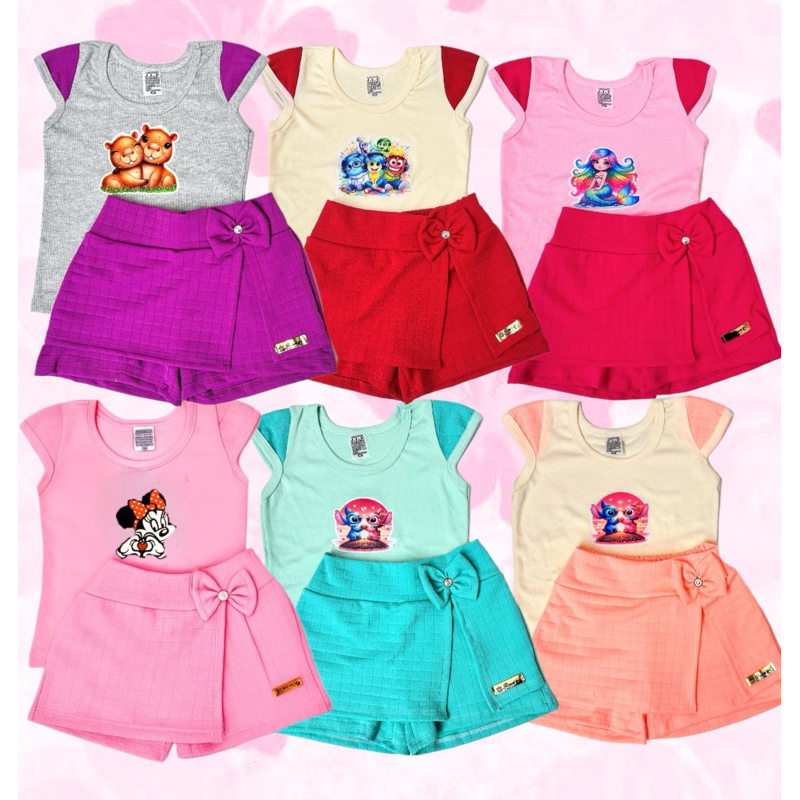 Conjunto Infantil Blusa e SHORT saia Estampa aleatoria Menina  Moda Verão Roupa Infantil Estilo Prin