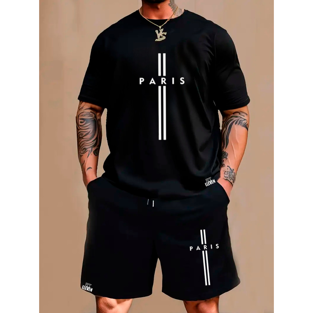 Kit Camiseta Masculina 100% Algodão + Bermuda Moletom Lançamento Estampada PARIS II  Confortavel Div