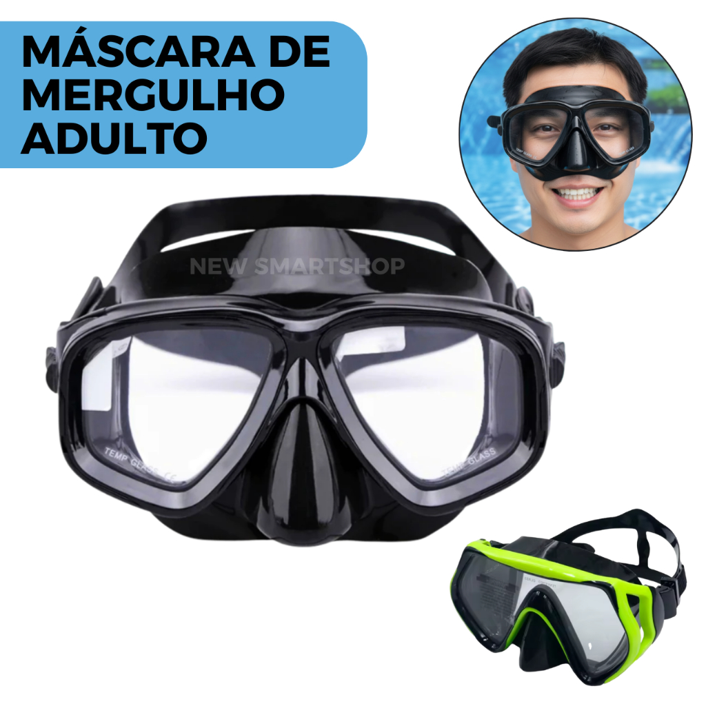 Máscara Óculos de Mergulho de Silicone Adulto Snorkel Natação e Lente Plástico Reforçado com Alça Aj