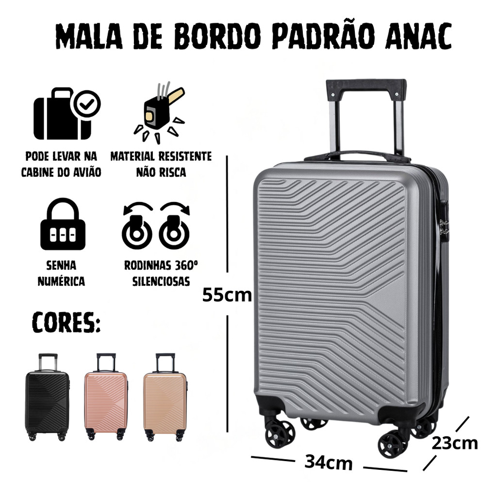 Mala de Viagem Bordo 10 a 12kg 55cm ABS Rodinhas 360° e Cadeado – 20 Bagagem de Mão ANAC Leve