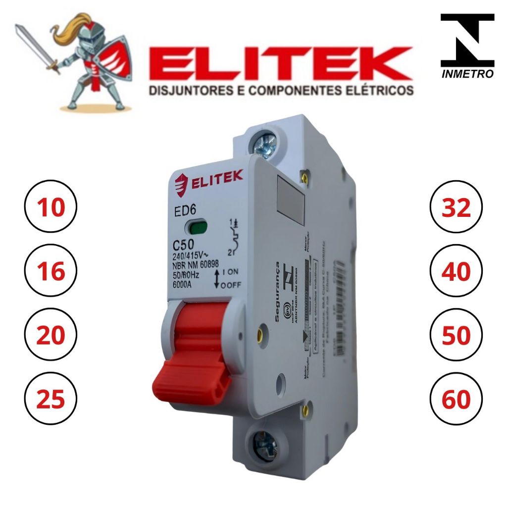 Disjuntor Elitek Unipolar Monopolar Curva C Inmetro 10,16,20,25,32,40,50,63 Amperes