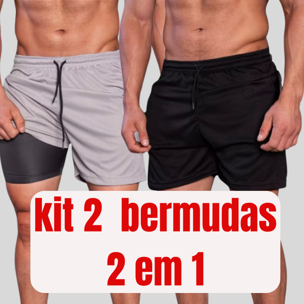 KIT 2 BERMUDAS MASCULINA 2 EM 1 SHORTS DUPLO  COM BOLSO INTERNOPARA TREINO ACADEMIA CORRIDA