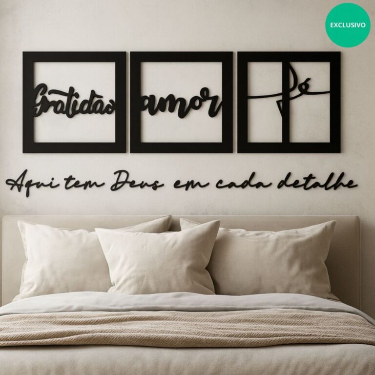 Kit 3 Quadros Decorativos Quarto Amor Fé Gratidã