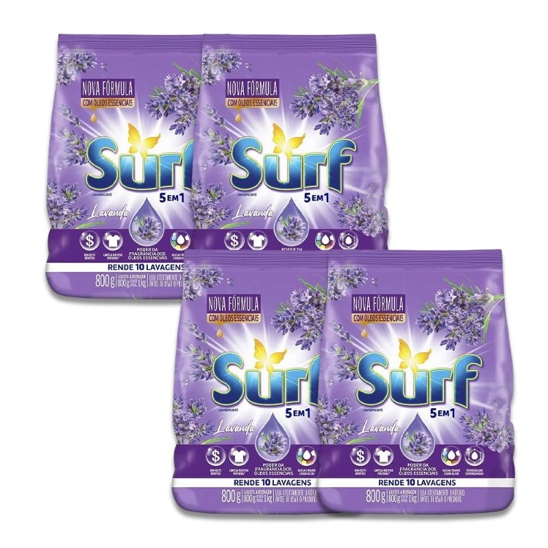 Sabão em Pó Lava Roupas Surf 800g Kit com 4 Unidades Lavanda