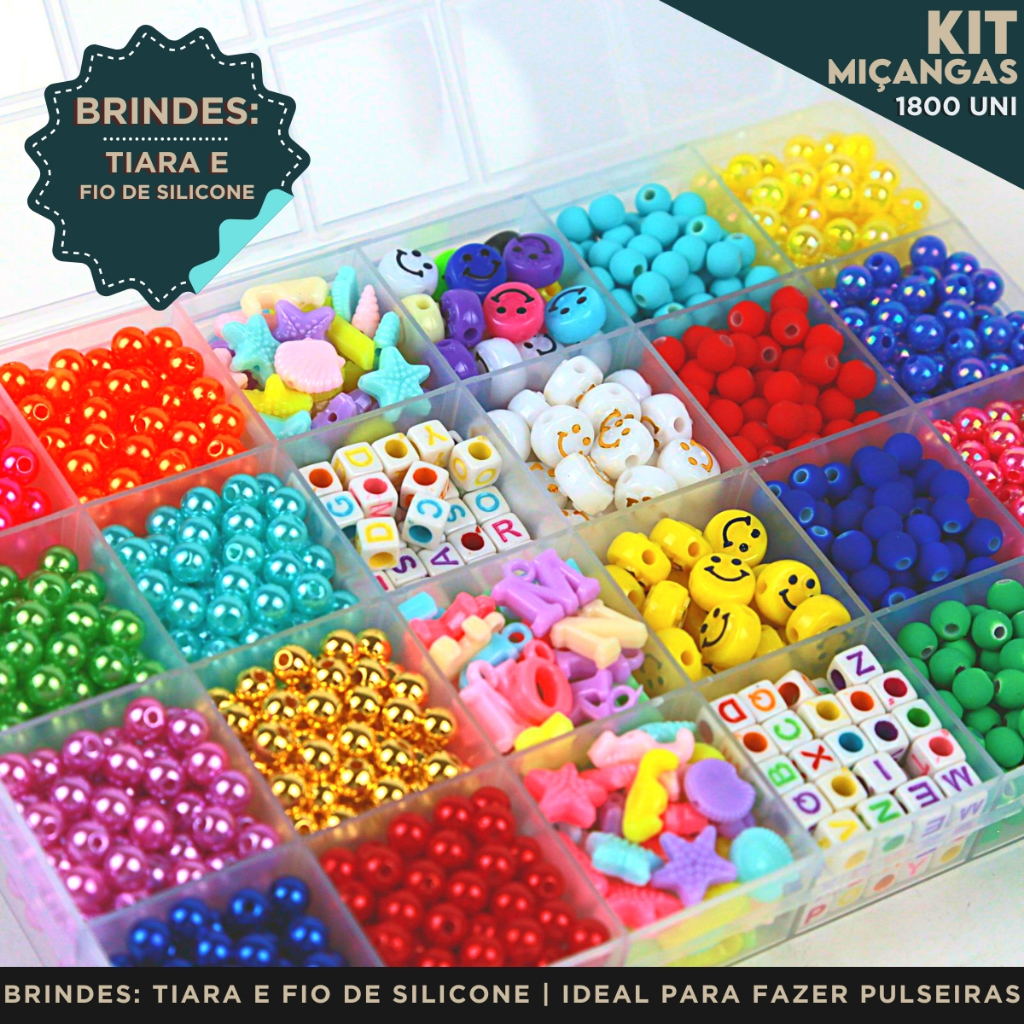 Kit de Miçangas Infantil C/1800 Peças – Acompanha Tiara e Fio de silicone – MN