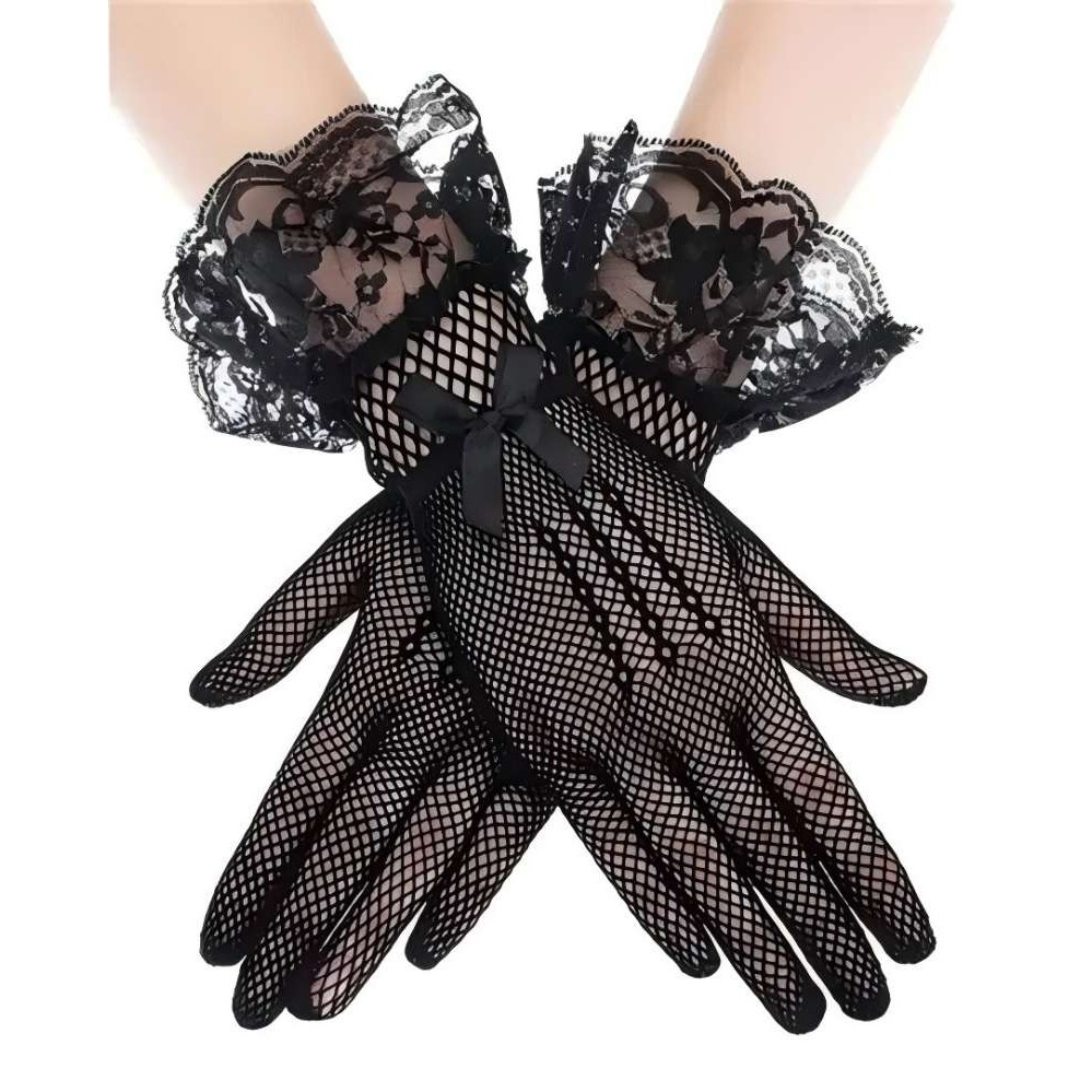 Senhoras elegantes luvas de renda curta pura fishn net preto feminina luvas vestido de festa clube