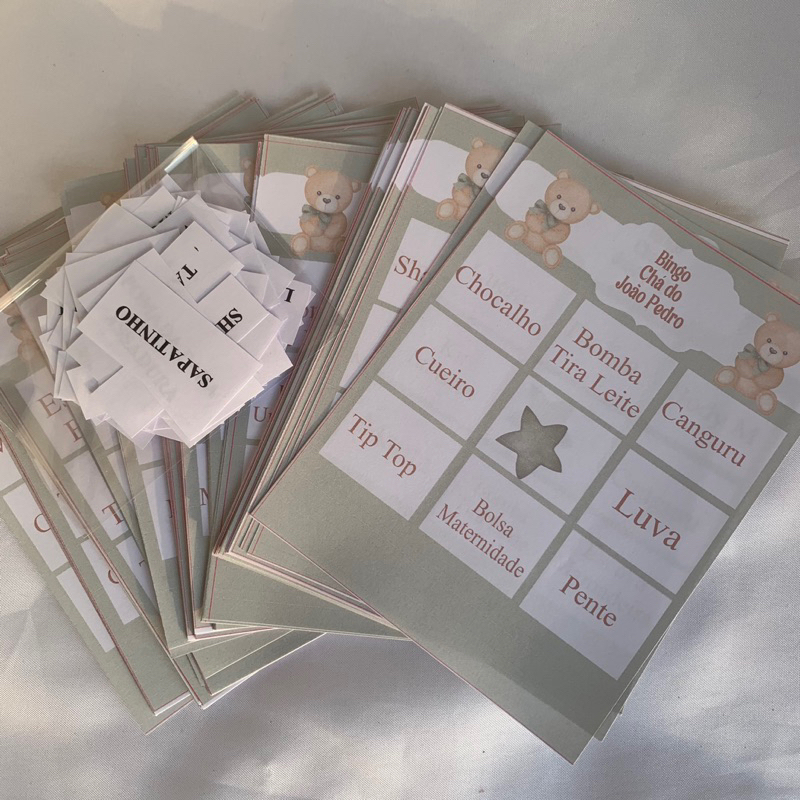Bingo Personalizado para chá de bebê / chá revelação -Ursinho/ Minie/Safari – com 52/80/100/132 cart
