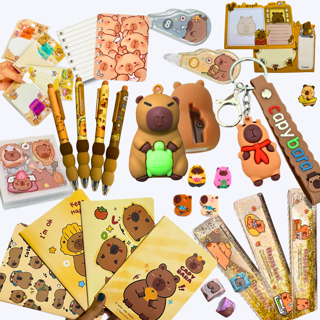 Kit Capivara Fofos Kawaii Papelaria Criativa Caneta Que Apaga Chaveiro Espelho Diário Estojo Pelúcia