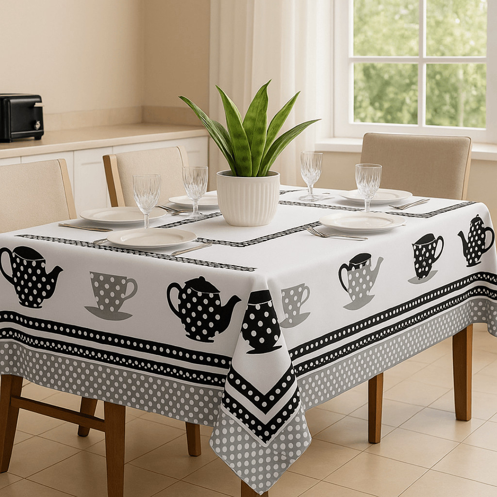 Toalha de Mesa Oxford 4 6 8 10 e 12 Lugares Estampada Bule Xícara Poá Preto Branco Cozinha Jantar Fá