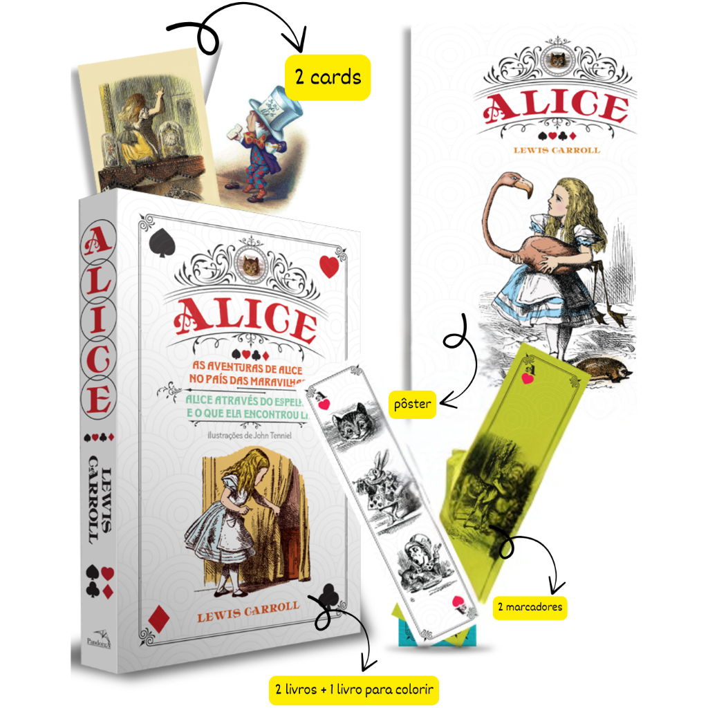 Box Alice: Alice no País das Maravilhas + Através do Espelho + Livro para Colorir + Pôster + Marcado