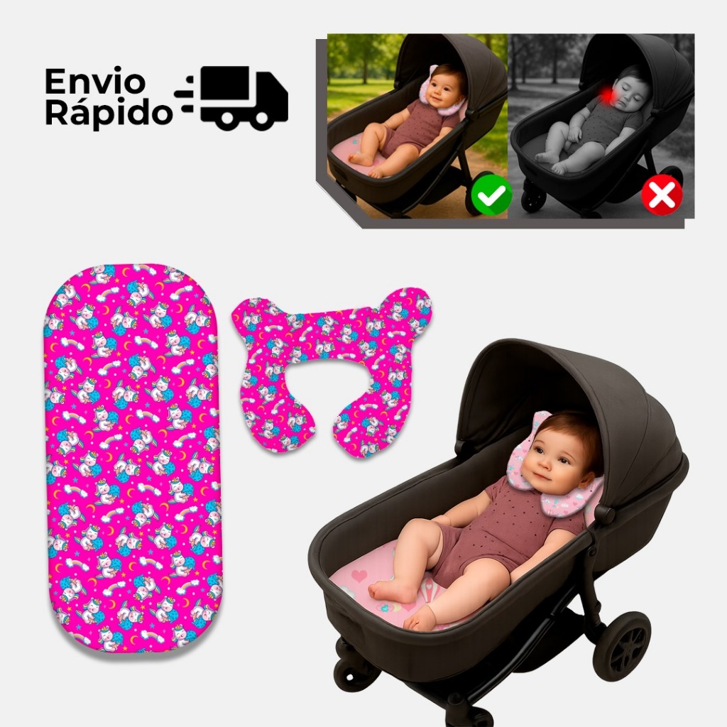 Kit Almofada de pescoço + Colchonete Carrinho de Bebê Completo Viagem e passeios recém nascido carro
