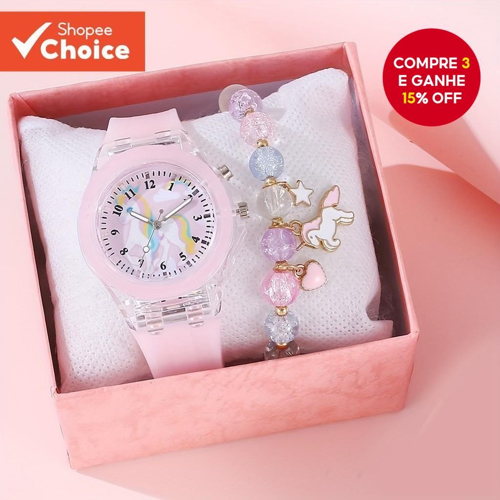 Relógio Luminoso Para Crianças Menino E Menina Unicórnio Pulseira De Quartzo Conjunto Rosa Azul Bran