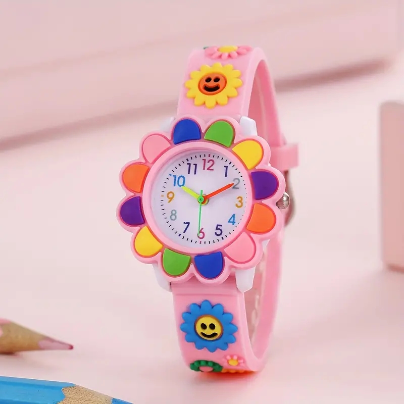 Pulseira Colorida De Relógio De Silicone Com Flor 3D Fofa Para Crianças | Movimento De Quartzo Moda
