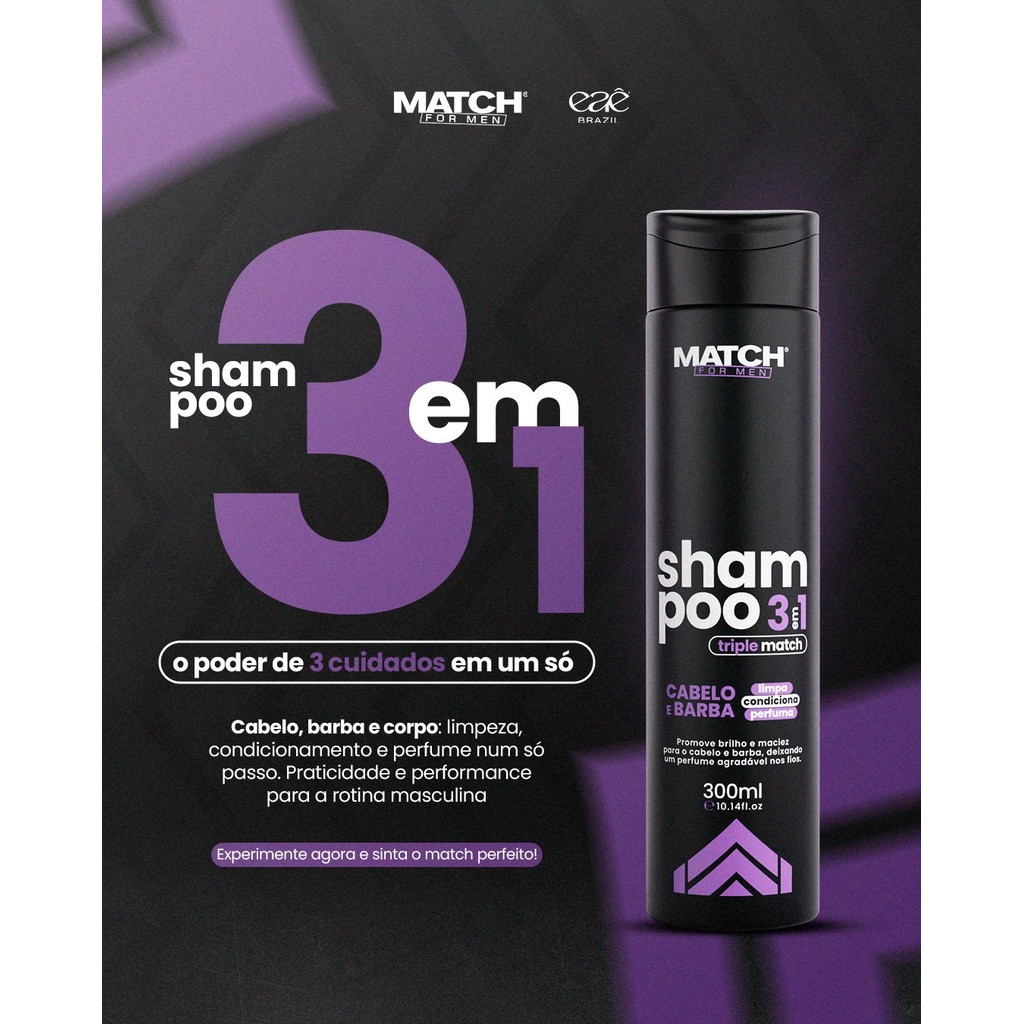 Shampoo 3 em 1 Não Resseca Os Fios 300ml Cabelo e Barba Limpa, Condiciona E Perfuma Match ForMen