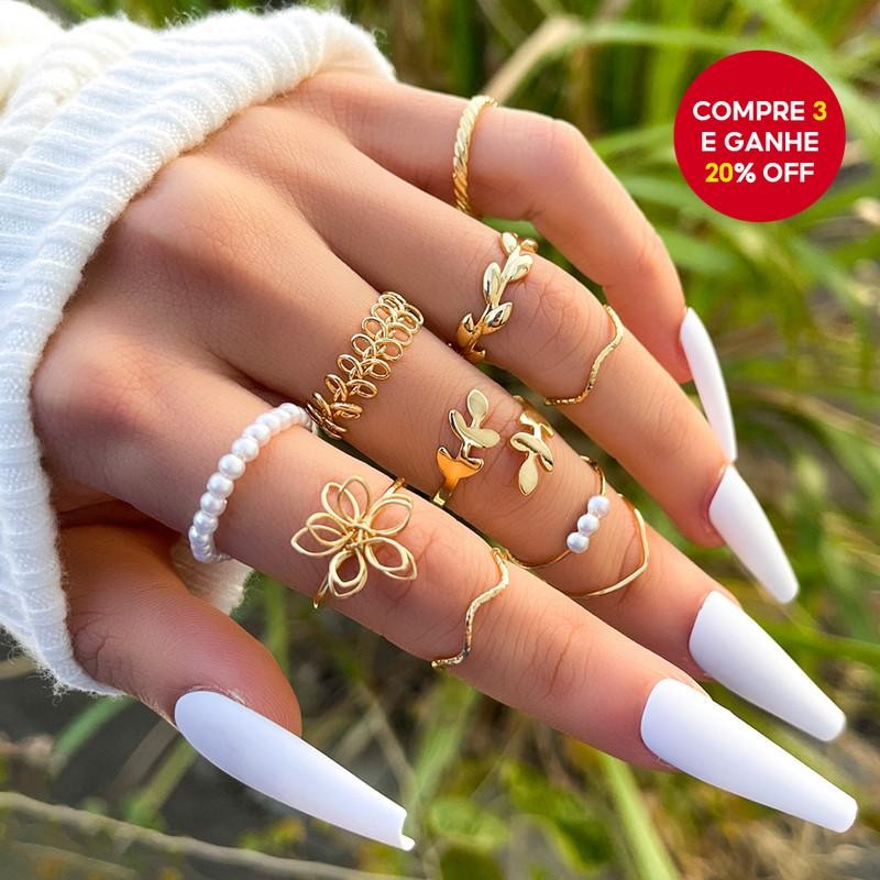 Conjunto De Anéis Femininos De Pérola Falsa Floral Vazada Com 10 Peças , Joias Elegantes Para Um Vis
