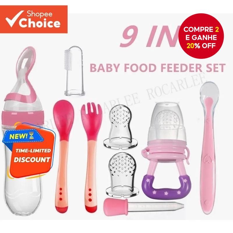 Kit De Alimentação Do Bebê 9 Em 1 Com Colher De Silicone Conta-Gotas Chupeta Garrafa De Escova De De