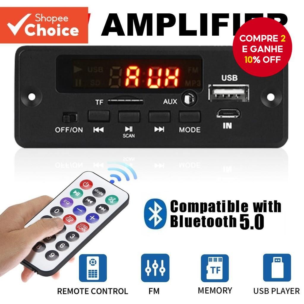 Amplificador DC 12V 50W Bluetooth 5.0 MP3 Player Rádio FM TF USB 3.5mm Módulo AUX Receptor