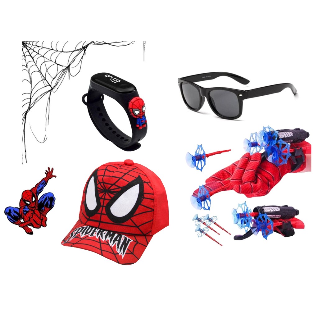 Luva Lança teia Óculos e Relógio Homem Aranha Fantasia Super Herói Brinquedo Infantil com Boné Crian