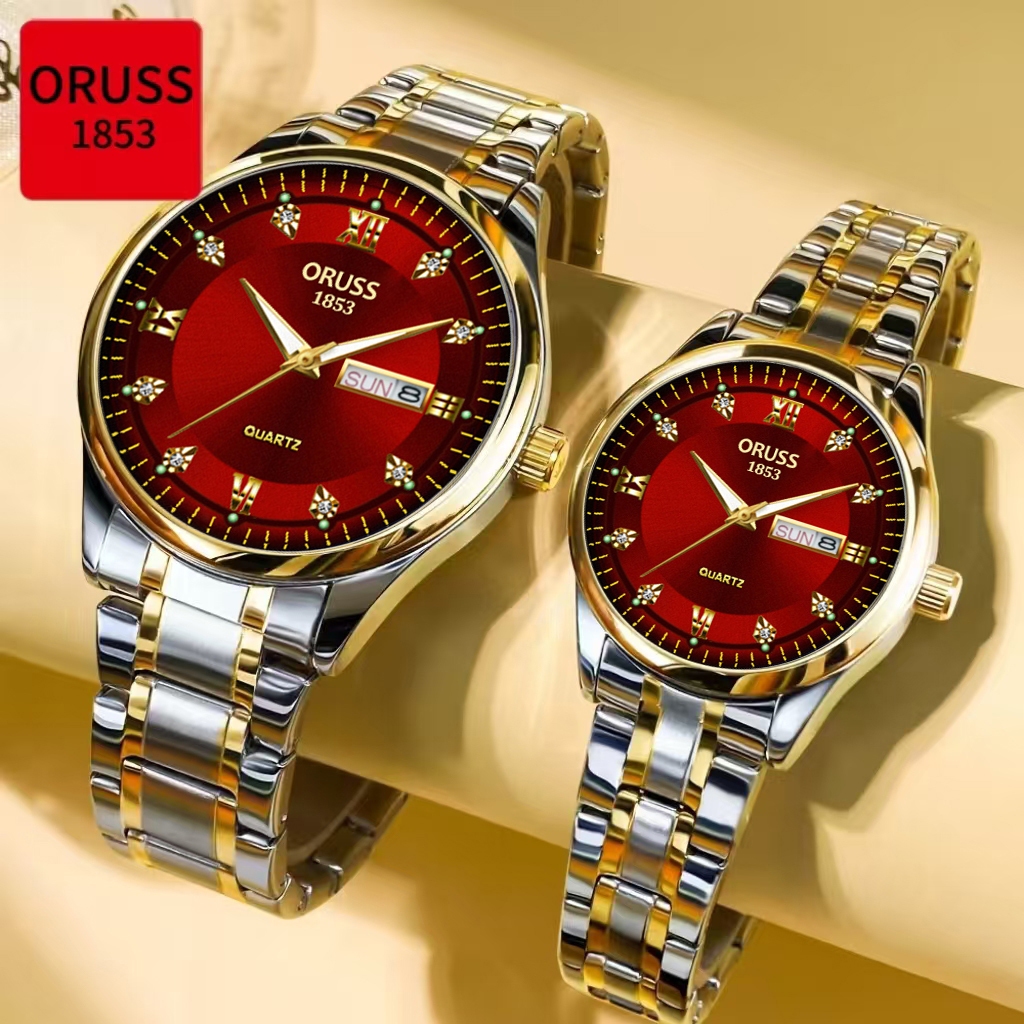 ORUSS Original 2 Pcs Casal Aço Inoxidável Mostrador Vermelho Calendário Duplo Luxo À Prova D Água Re