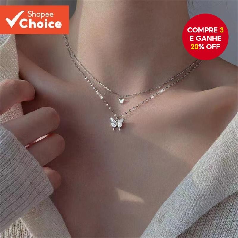 Colar Com Pingente De Borboleta De Camada Dupla : Corrente De Clavícula Elegante E Individualista Pa