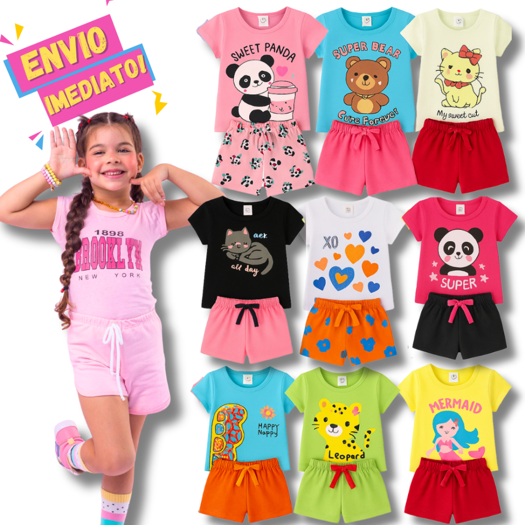 Kit de 08 06 e 04 Peças Conjuntos Infantil Menina Roupa de Algodão Verão Bebê