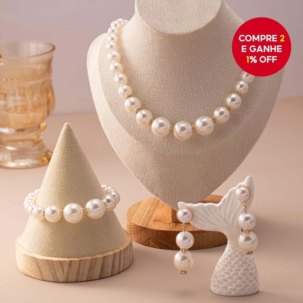 Conjunto De Jóias De Pérola Para Meninas Elegante Colar Pulseira Brincos Moda Presente Festa Uso Diá