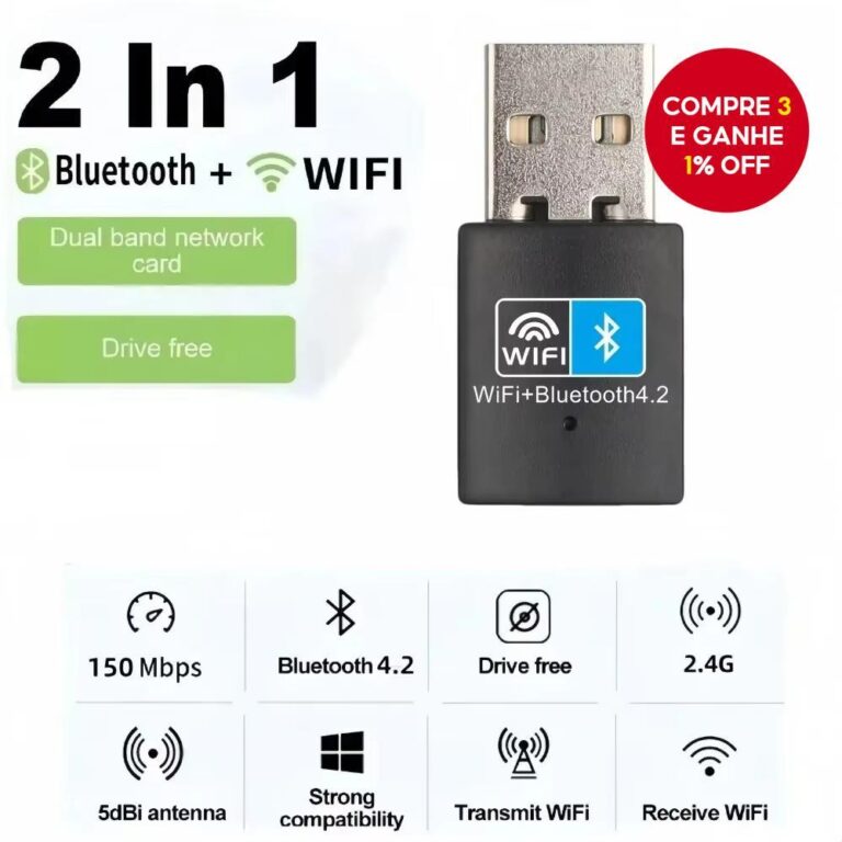 Adaptador USB WiFi Bluetooth 150Mbps 2.4GHz 2 Em 1