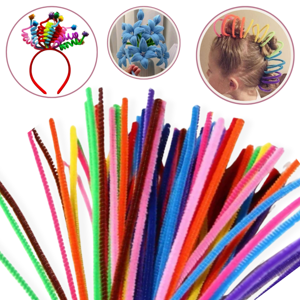 Kit 100 Haste de Chelline Limpador de Cachimbo Colorido para Artesanato DIY 30 CM Cabelo Maluco