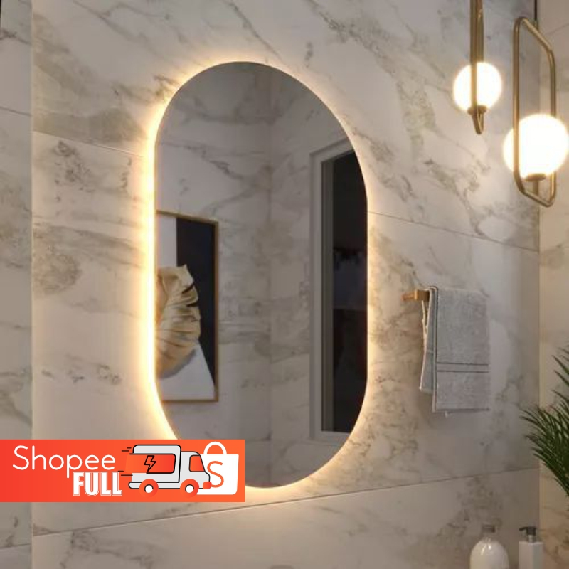 Espelho Oval de Parede com LED Luz Quente e Fria para Banheiro Sala Quarto
