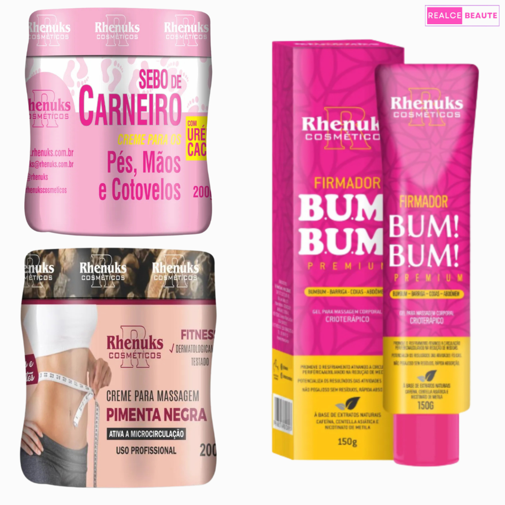 Kit com Sebo de Carneiro + Creme para Massagem Pimenta Negra + Firmador Bum Bum – Rhenuks