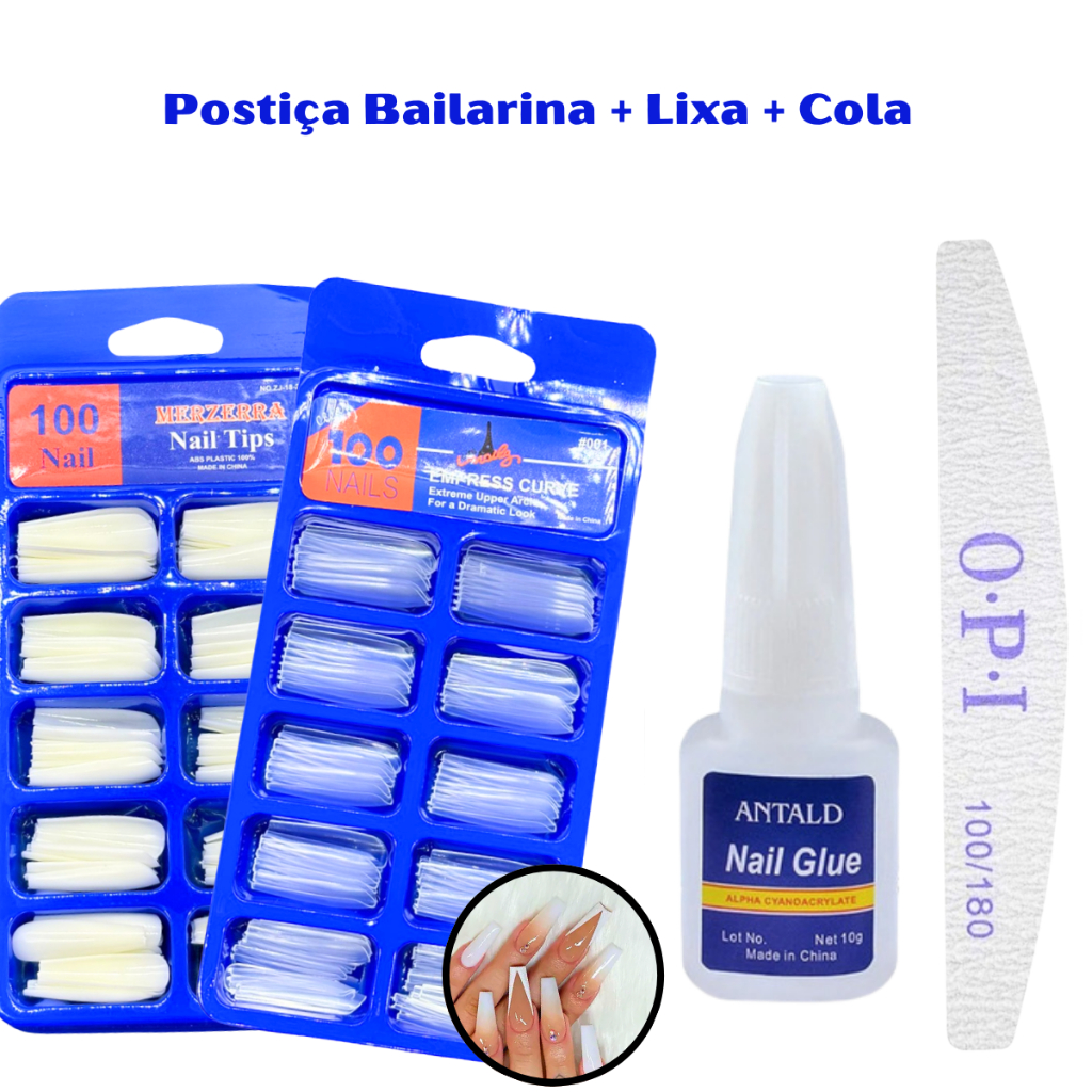 KIT 100 UNHAS POSTIÇAS Bailarina NATURAL REALISTA + COLA UNHA + LIXA BUMERANGUE UNHA 100 180