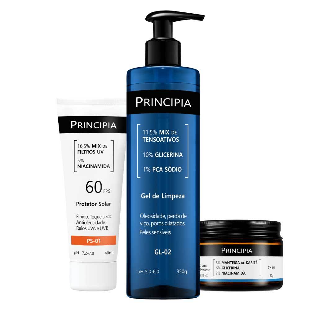 Principia Kit Completo Peles Sensíveis c/ Gel de Limpeza Gl-02 + Creme Hidratante CH-01 + Protetor S