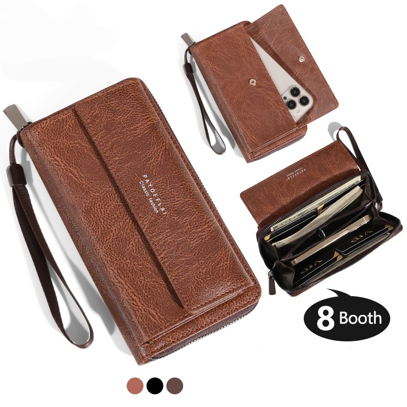 Frete Grátis Carteira Longa Com Zíper De Camada Dupla – Bolsa Para Celular Masculina PU De Grande Ca