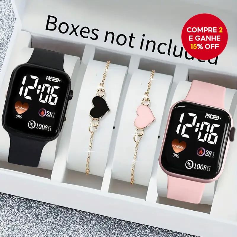 Conjunto De Relógio Digital Elegante , 4 Unidades , Caixa Quadrada , Pulseiras De Coração Para Mulhe