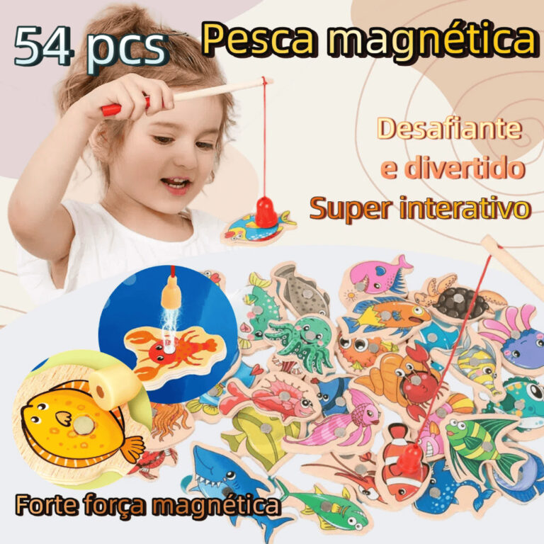 54 Peças Brinquedos Magnéticos De Pesca De Madei
