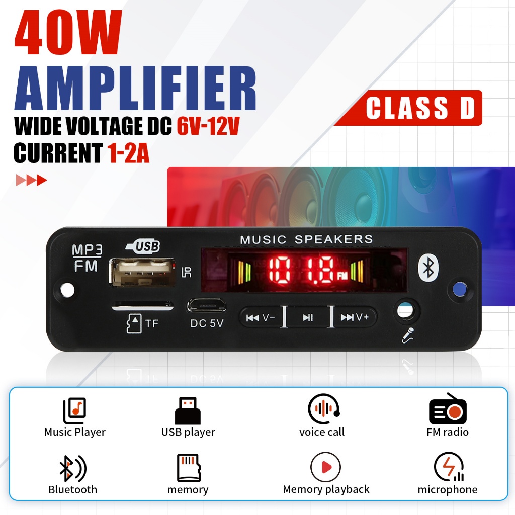 Placa De Decodificação MP3 DC 12V 18V Bluetooth 5.0 40W Amplificador De Áudio DIY MP3 Player Módulo